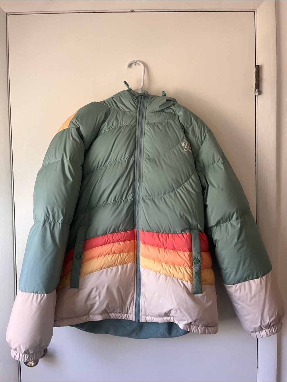Yocolorado Women’s Colorblock Puffer Jacket - Sage Green w/ Rainbow Size XL